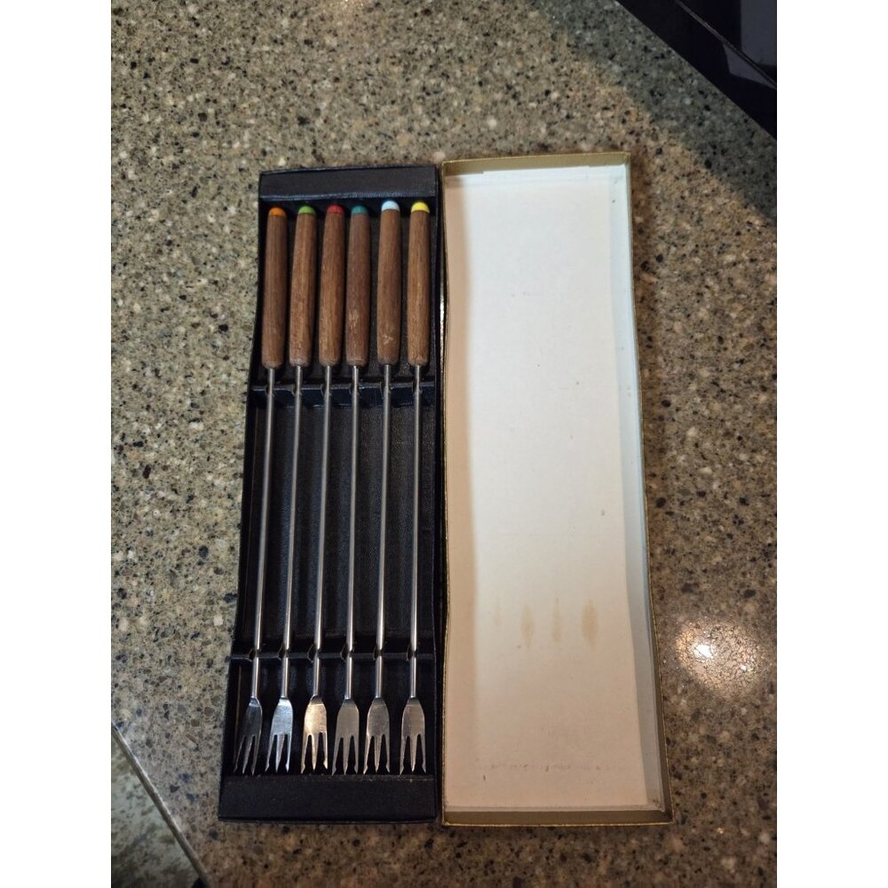 Set 6 Vintage‎ MCM Otagiri Fondue Forks Stainless Wood Handles Japan